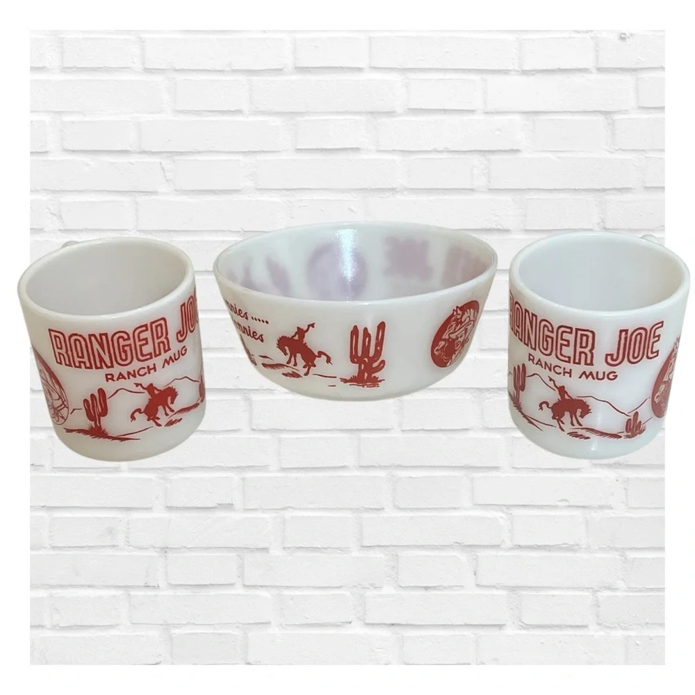 Vintage Ranger Joe Round Up Bowl and Mug Set Hazel Atlas Milk Glass 1950's Rare